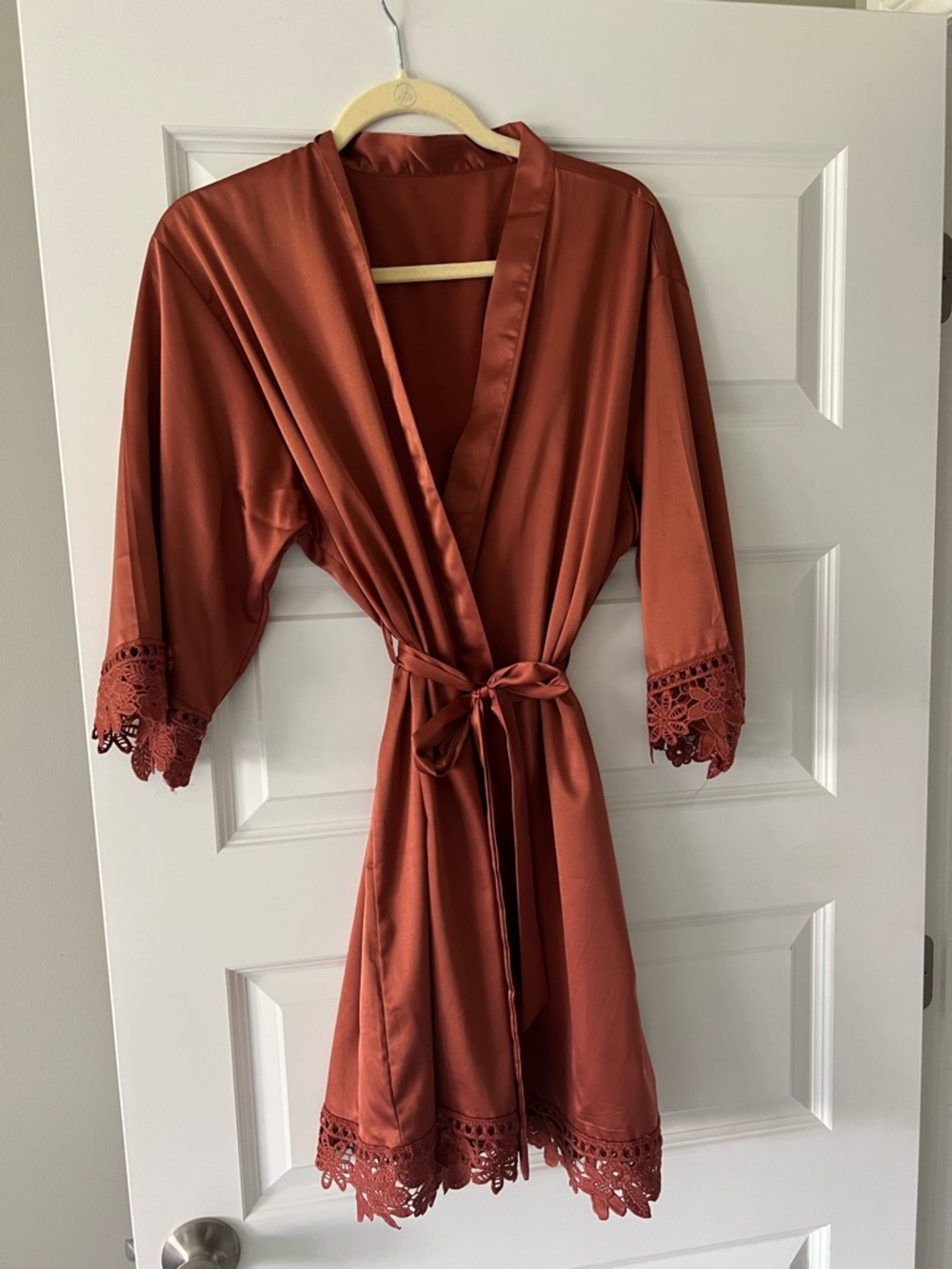 Women's Satin Robe with Lace Trim - Rust
